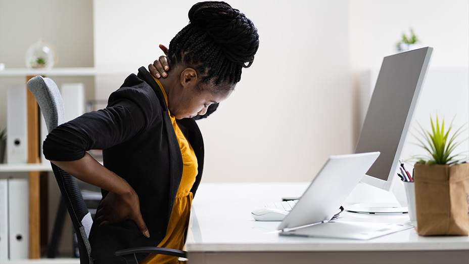 Woman with neck pain while using computer - Frames designer - Eco friendly